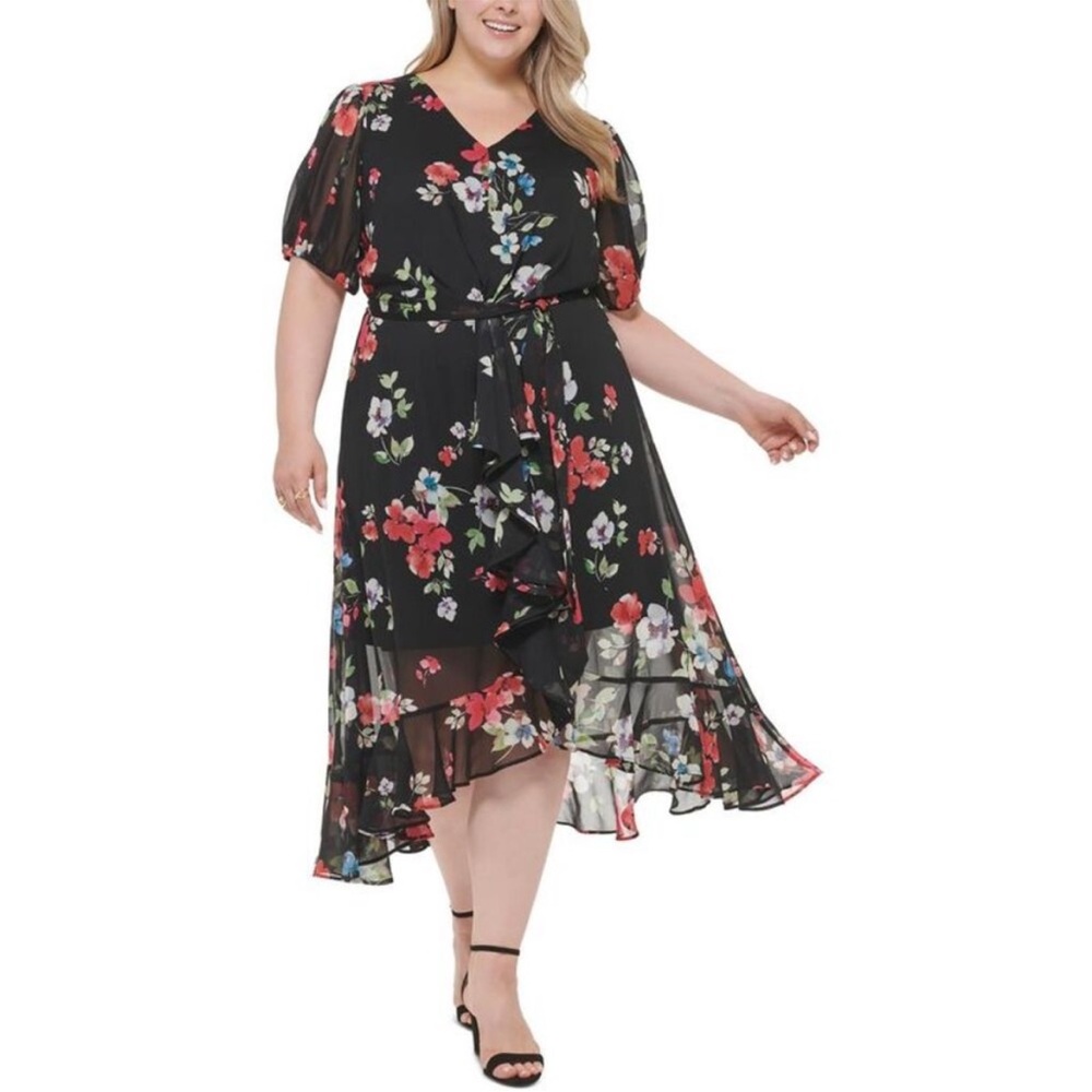 DKNY Womens Black Chiffon Floral Long Maxi Dress